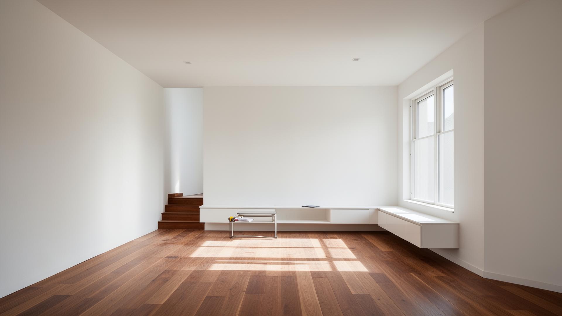 Freshly remodeled modern interior with smooth white drywall and warm wood flooring