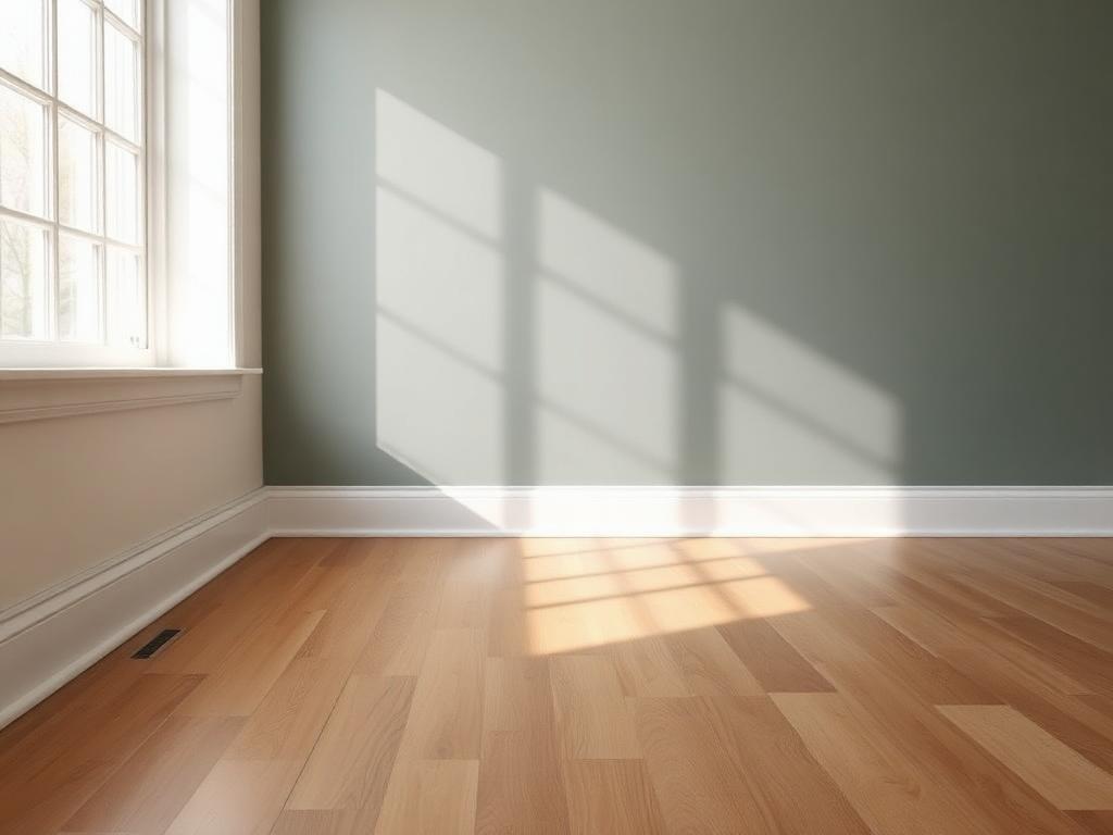 Newly installed white baseboard trim meeting a hardwood floor