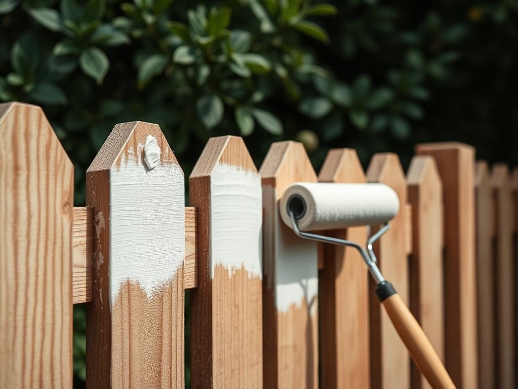 Wooden fence being painted with a roller in fresh white paint