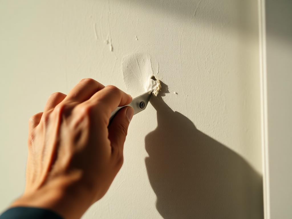 Craftsman hand using a putty knife to repair a small wall hole